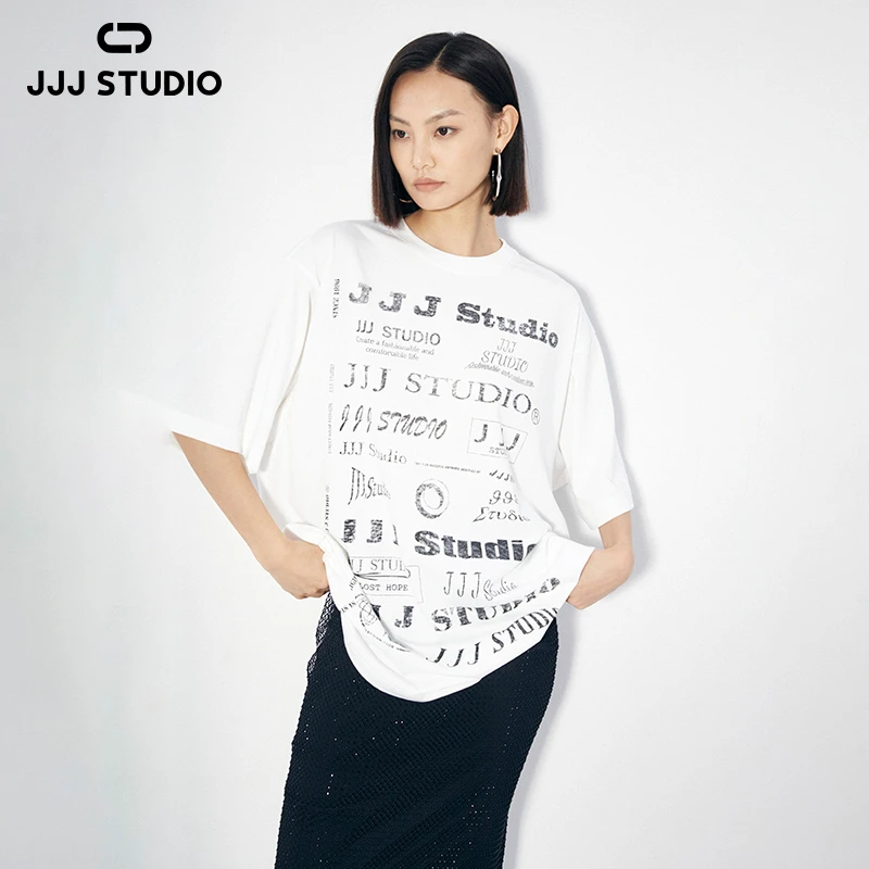 JJJ STUDIO 白色宽松圆领字母印花休闲时尚百搭T恤女装JKWFR1T152