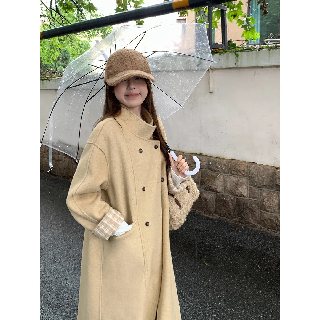 乌77韩剧女主灰色立领毛呢大衣女气质高级感宽松显瘦长款外套秋冬