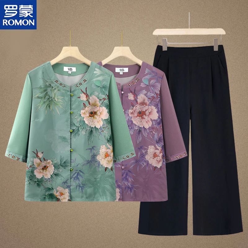 Romon/罗蒙2025新款中老年人女夏季妈妈夏装套装60岁奶奶T恤套装