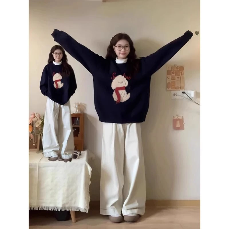 黑色软糯小狗圆领毛衣新款宽松慵懒内搭套头针织衫上衣