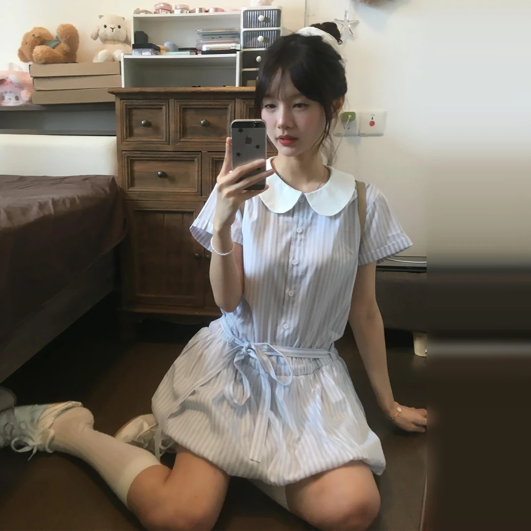 法式甜美娃娃领蓝色条纹连衣裙女夏2025新款小个子花苞短裙5149