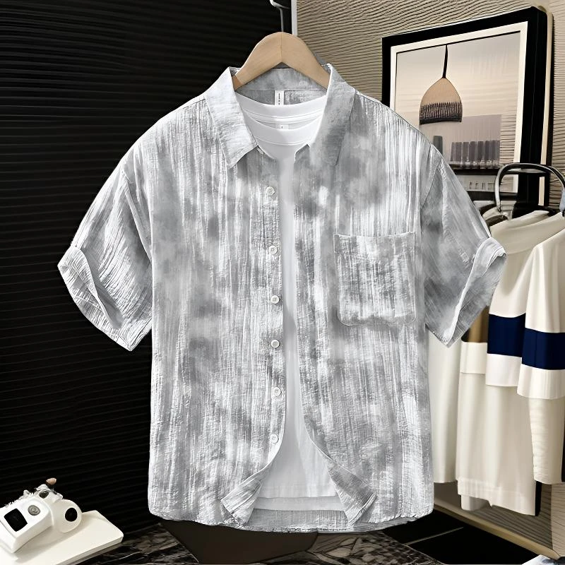 潮男衬衫短袖扎染亚麻短袖衬衫男夏季轻薄高级感2025新款花衬衣潮