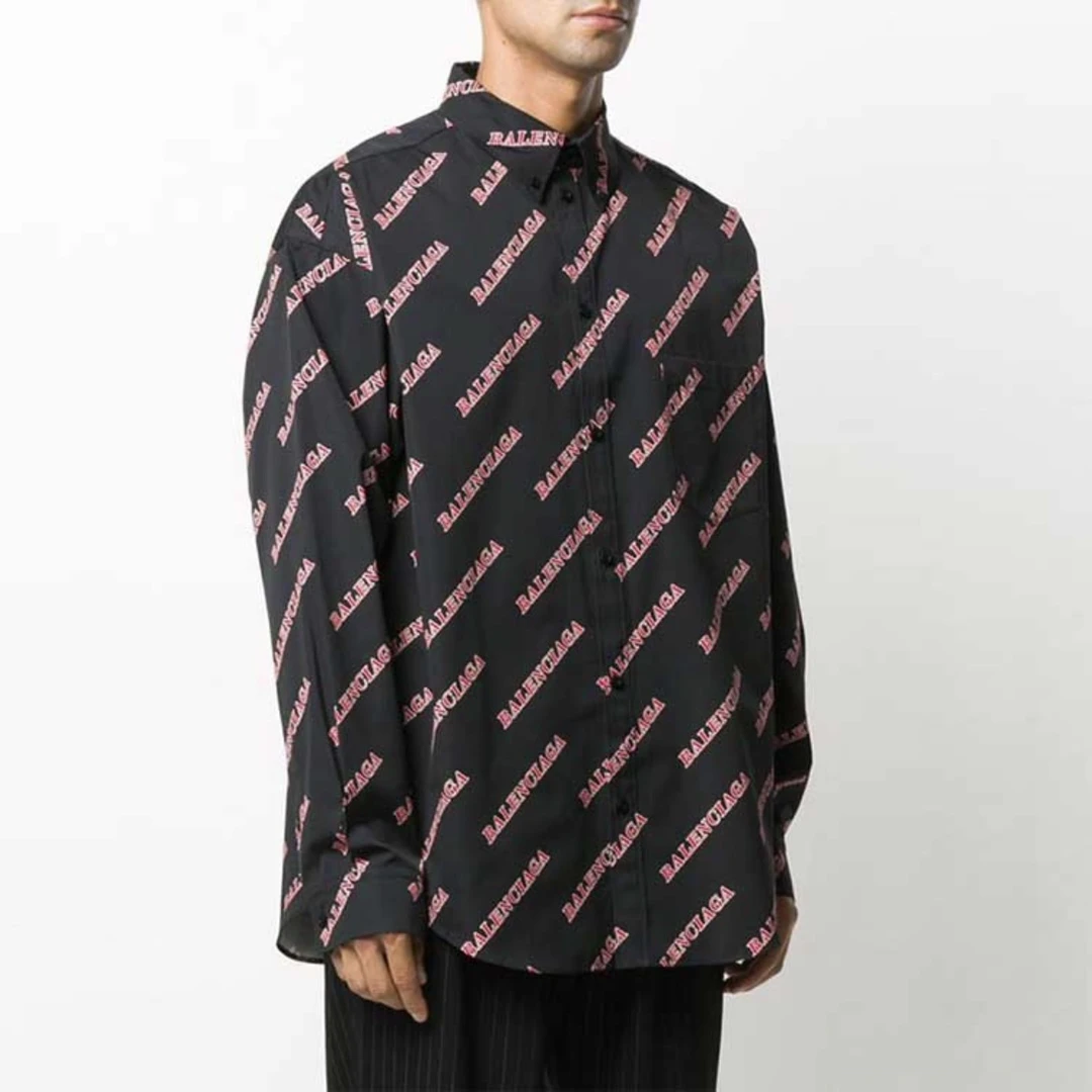 99新 Balenciaga/巴黎世家 4586/黑色Logo满印弧形下摆衬衫/40码