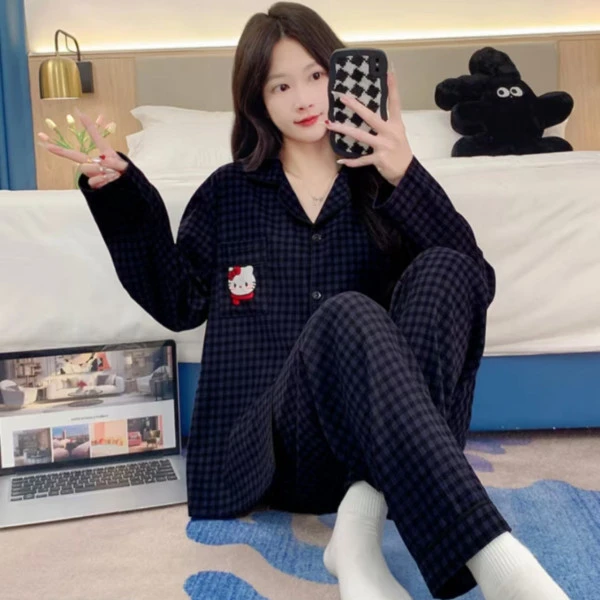 云朵棉新款格子凯蒂猫甜美女生睡衣春秋季可爱长袖裤居家服可外穿