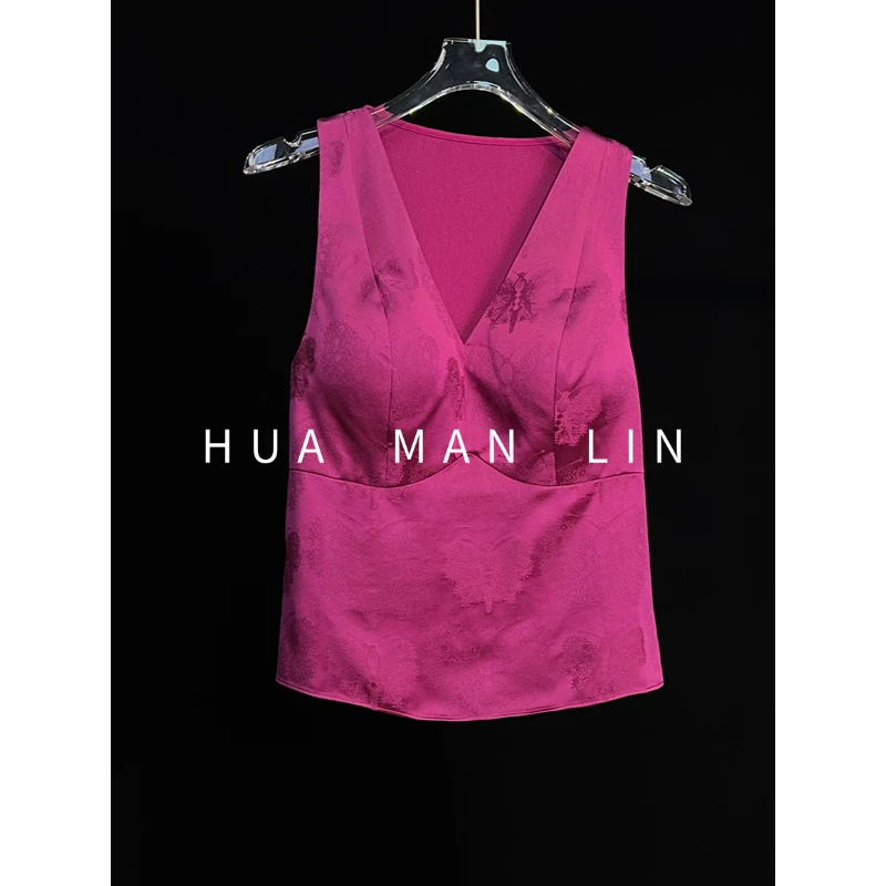 【花满林】‘富甲一方’上久楷V领后弹力网纱锦花缎桑蚕丝背心258185