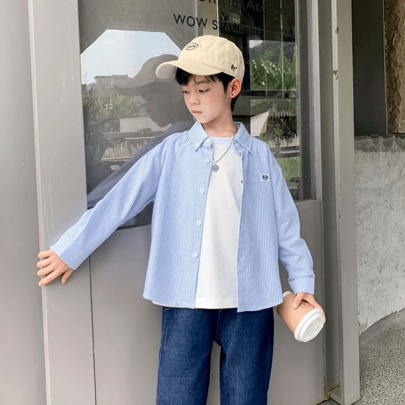 童装男童竖条纹衬衫春秋装2025新款中大童宽松男孩洋气长袖衬衣潮