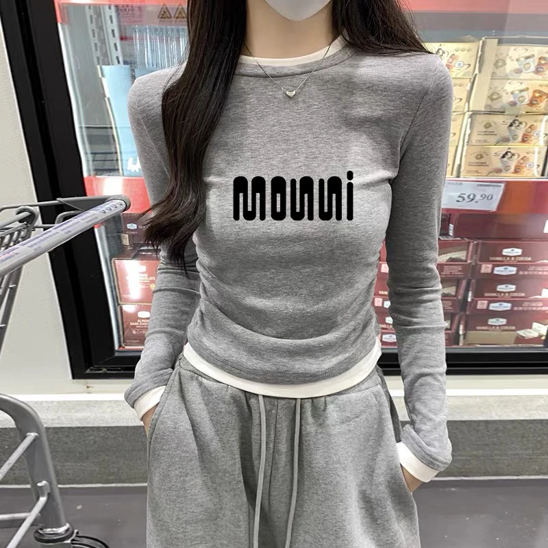 修身显瘦T恤小个子打底衫上衣假两件圆领拼接长袖内搭女秋装正肩