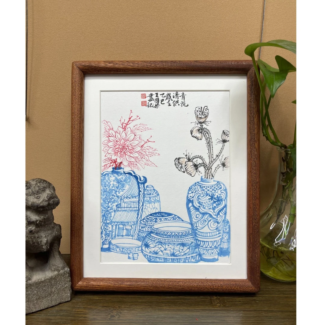 5《青花岁朝清供图》21×27水墨装饰画摆台