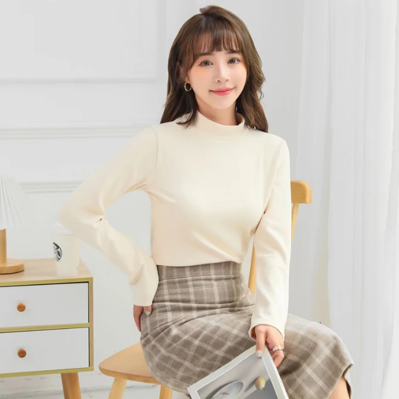 女士半高领打底衫柔软舒适百搭纯色长袖T恤Z1093-2802