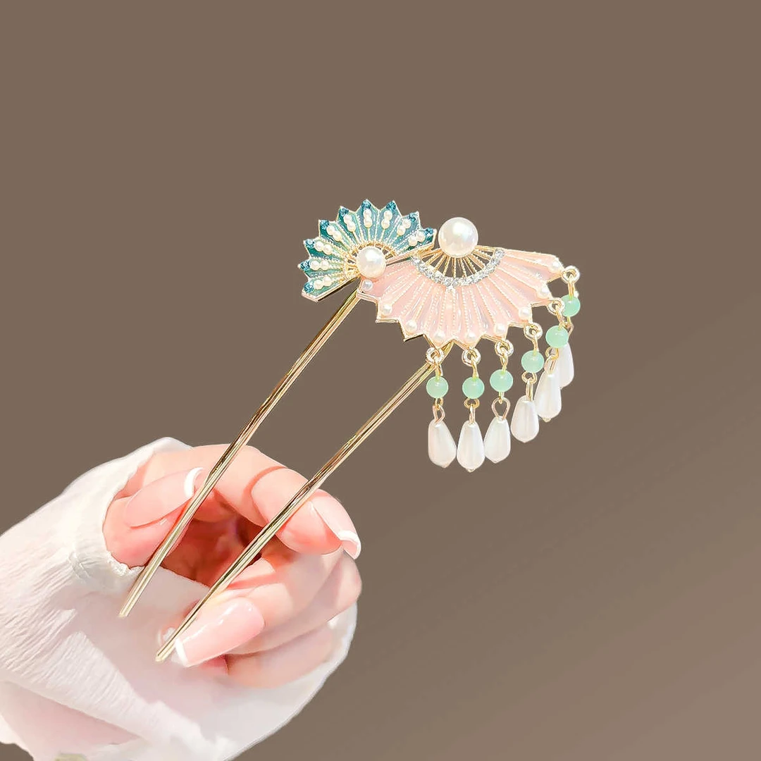 新中式扇子珍珠流苏U型发簪女高级感后脑勺盘发簪子古风步摇发钗