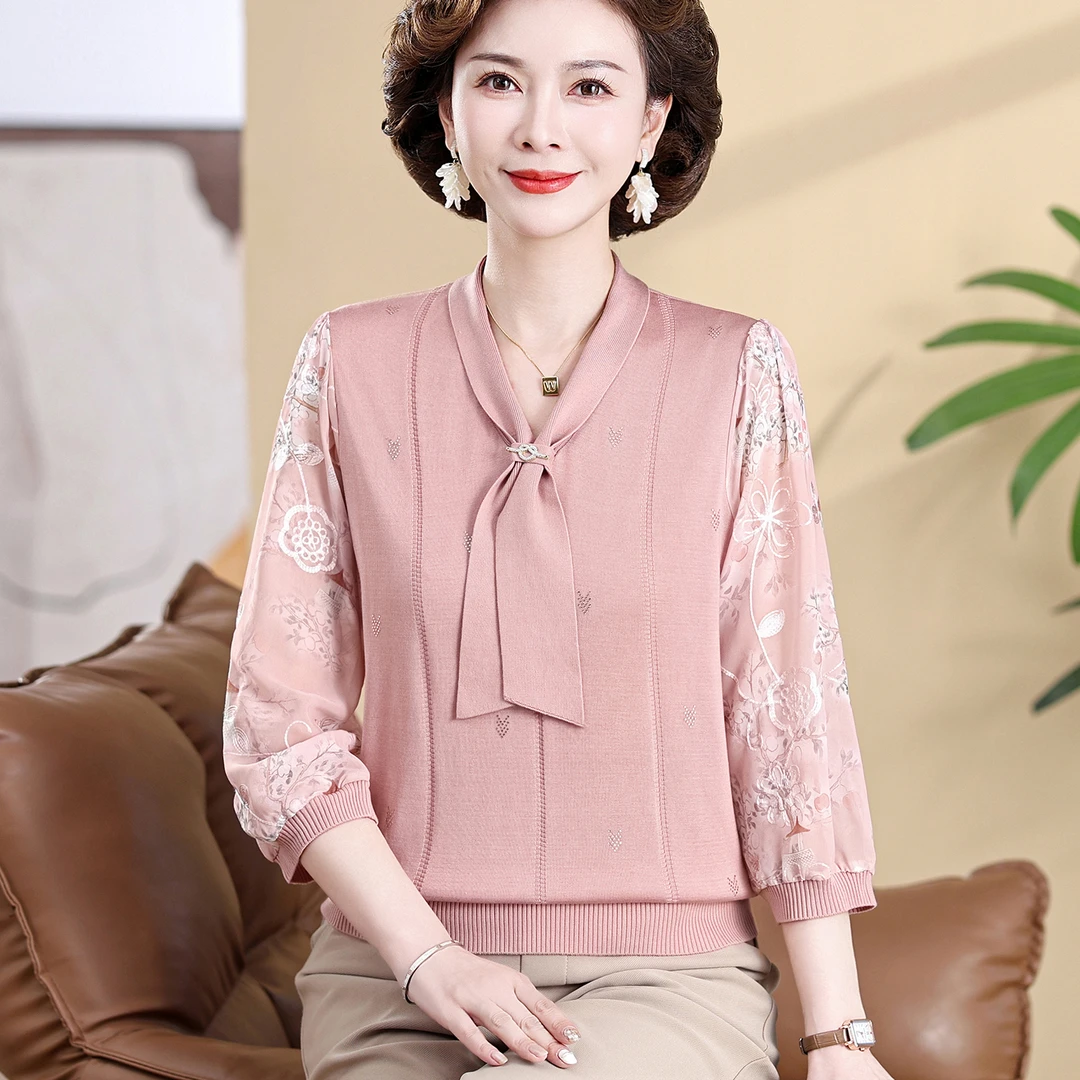 妈妈款春装针织t恤中年妇女打底衫小衫中老年春秋阔太太气质上衣