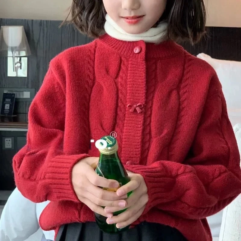 喵【亲子装】女童冬装2025新年款中大童儿童红色麻花毛衣新年拜年服