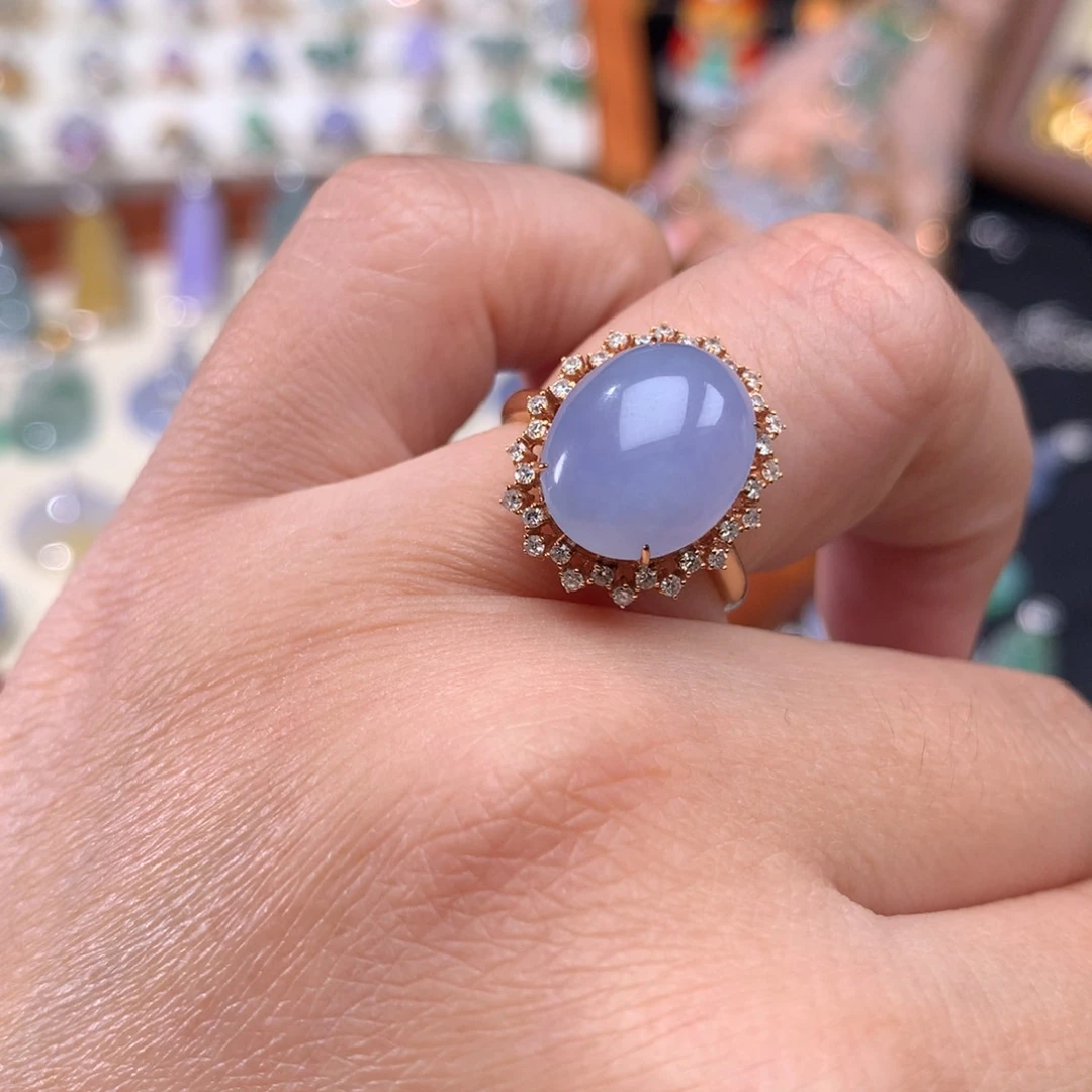 18K金镶嵌戒指翡翠紫罗兰蛋面戒指