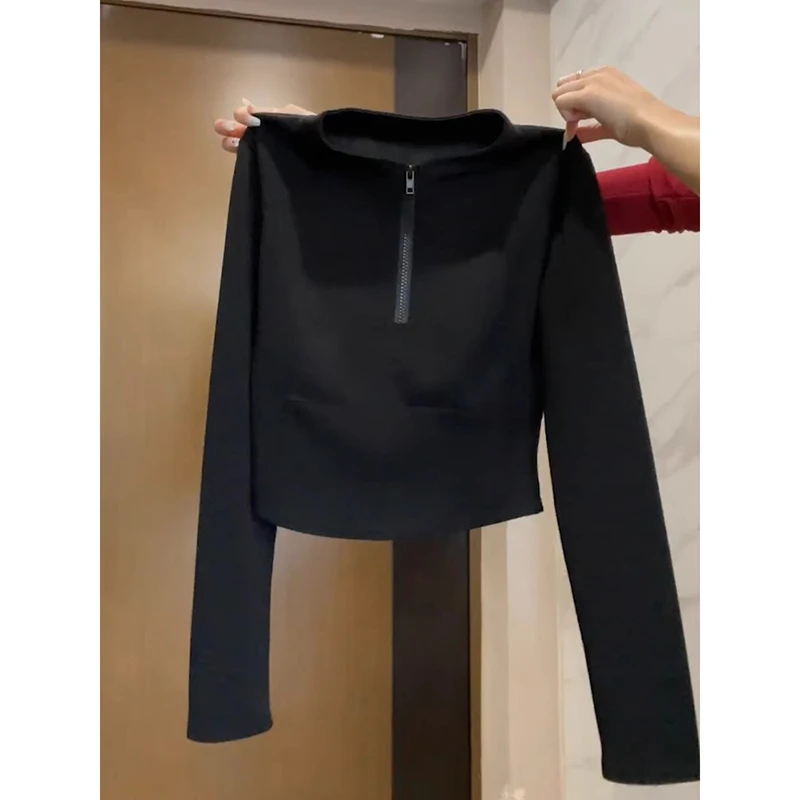 半拉链领黑色纯欲风短款长袖T恤女装秋季辣妹设计感修身打底上衣