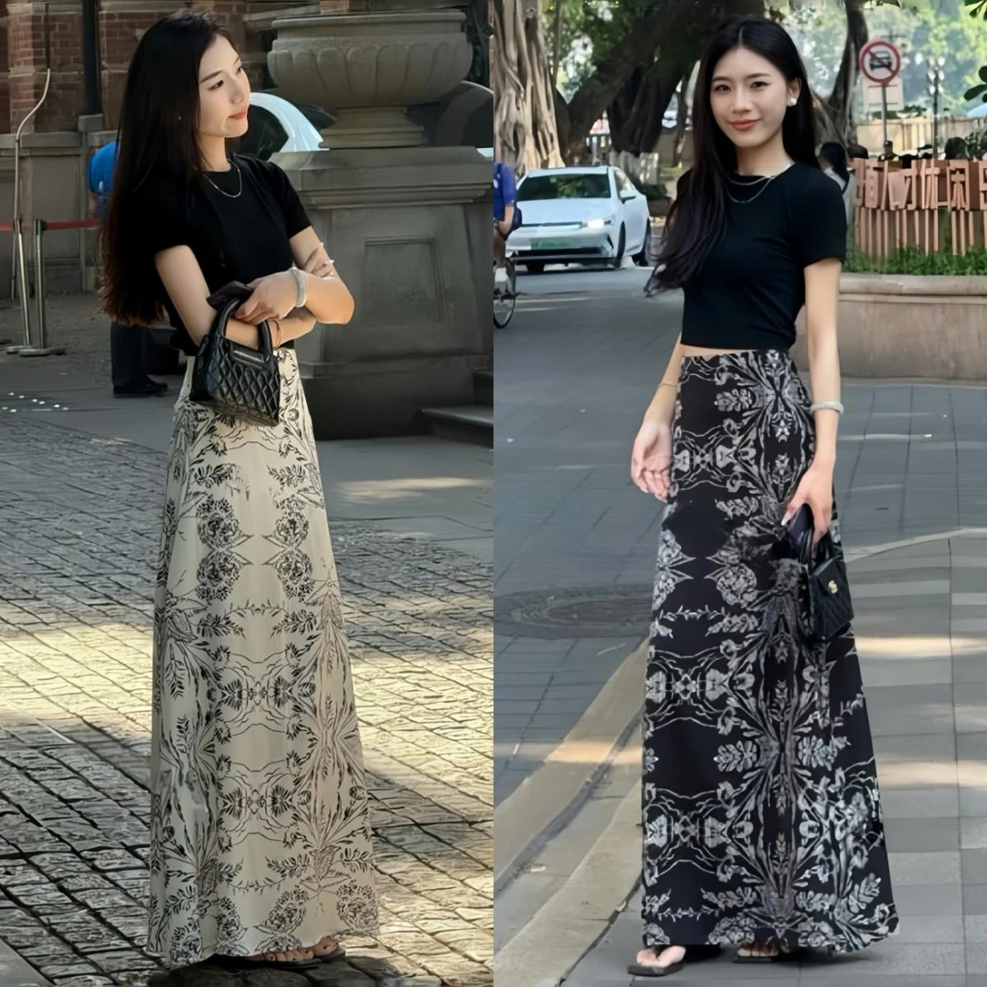 极简长裙 法式复古水墨花半身裙碎花包臂长裙短款露腰上衣T恤套装