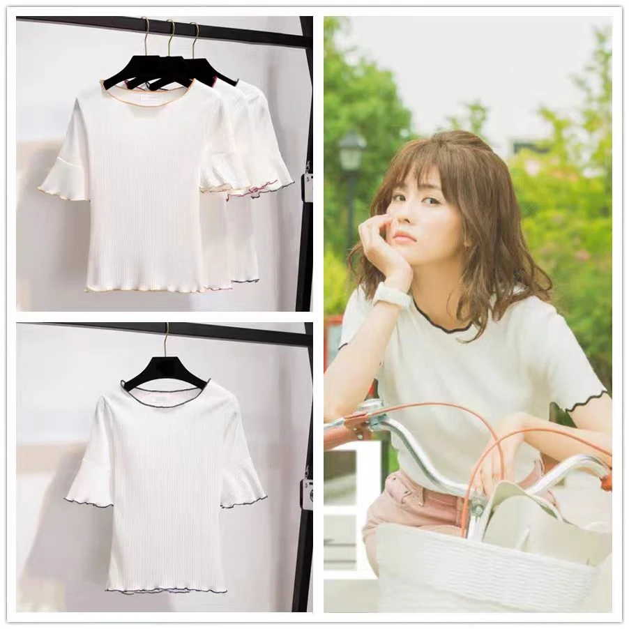 世界欠我一个初恋邢运白鹿同款T恤白色打底衫七分喇叭袖修身针织