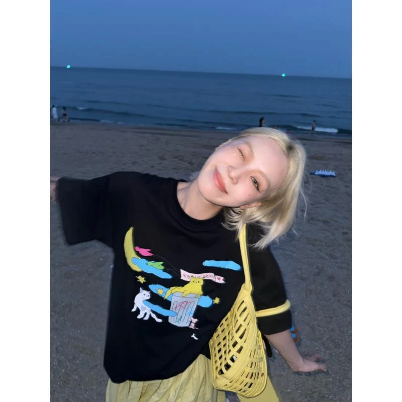 HELLOTANGO《奇思喵想》夏季趣味创意卡通图案休闲T恤85612#