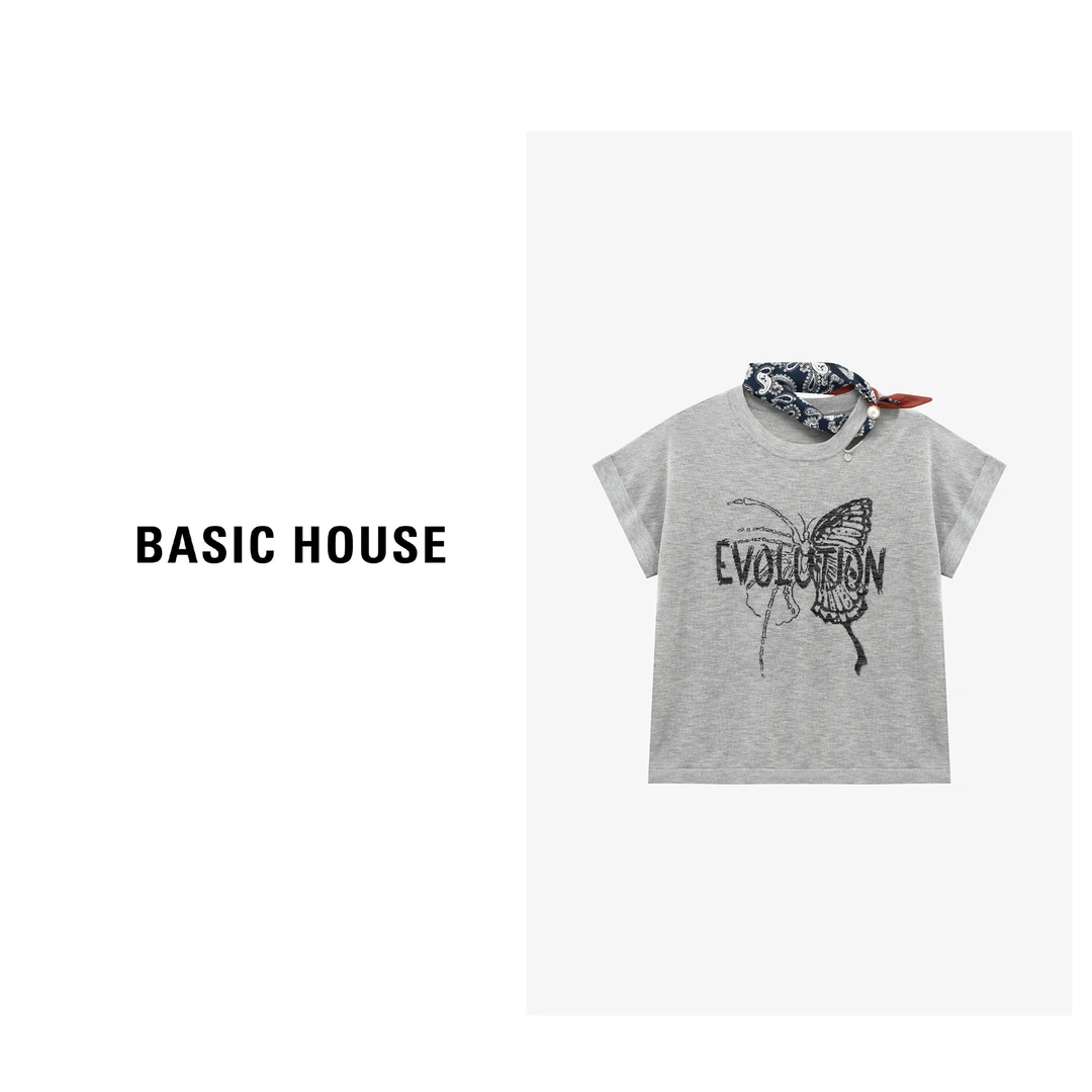 Basic House/百家好休闲夏季复古宽松灰色印花针织衫-B0625B5CYE2