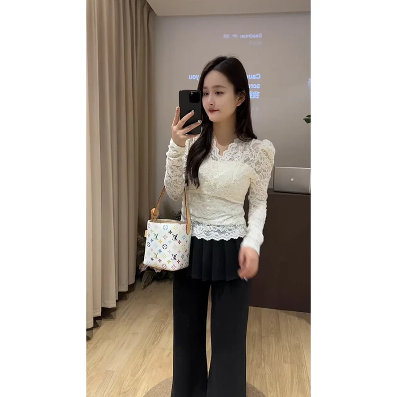 纯欲风v领长袖蕾丝上衣绣蕾丝内搭衫蕾丝衫