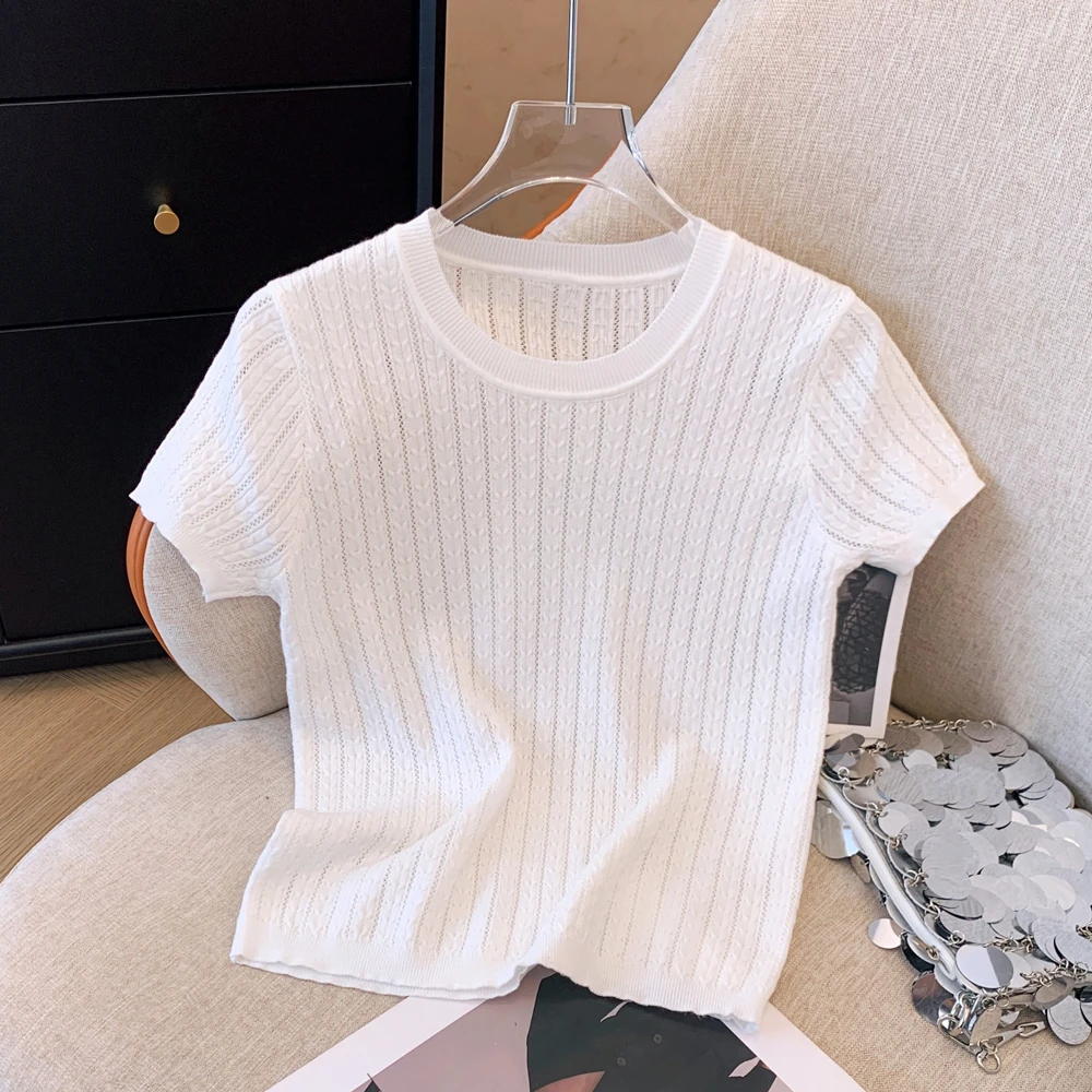 时尚个性减龄百搭针织短款正肩女士减龄针织麻花别致夏季个性短袖