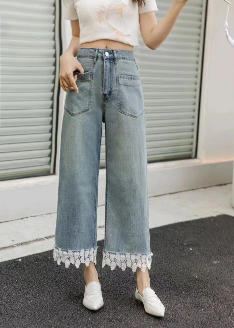 蕾丝拼接直筒牛仔裤显瘦高腰九分阔腿裤夏季薄款女士裤子