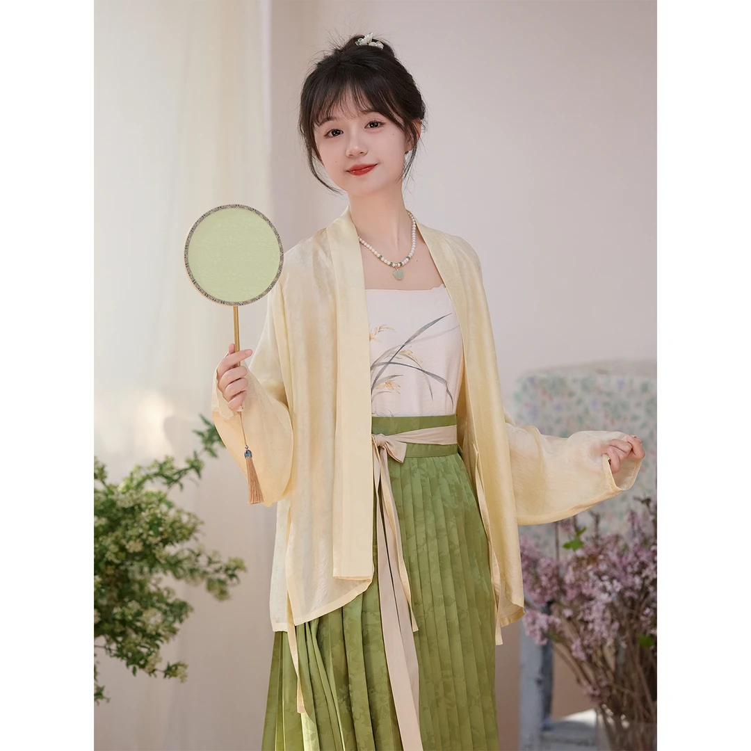 秋木木汉服【萄盈盈】真丝葡萄暗纹飞机袖兰花吊带暗纹提花百迭裙