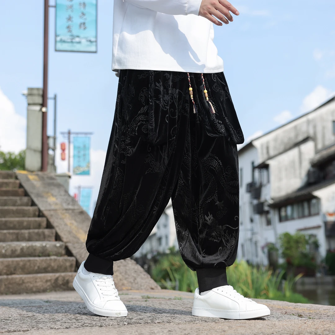 新中式男裤子复古金丝绒休闲运动卫裤中国风龙纹提花高级感哈伦裤