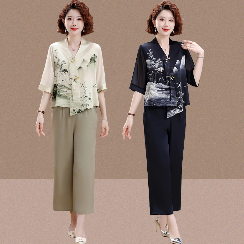 中年妈妈夏装国风套装2025新款洋气中老年女装雪纺衫两件套上衣服