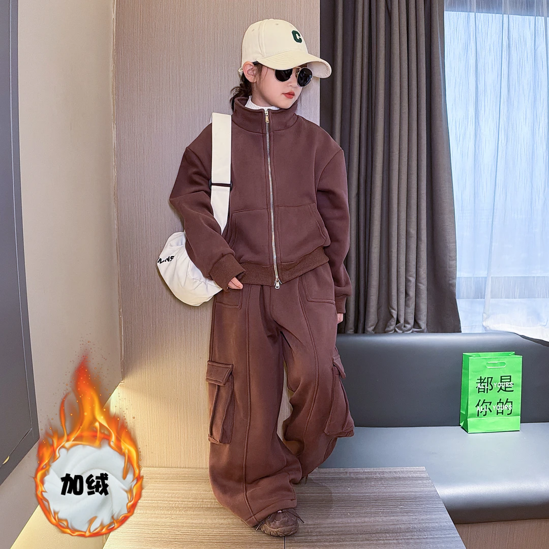 女童冬装韩版休闲工装裤套装2025新款大童洋气儿童加绒加厚两件套