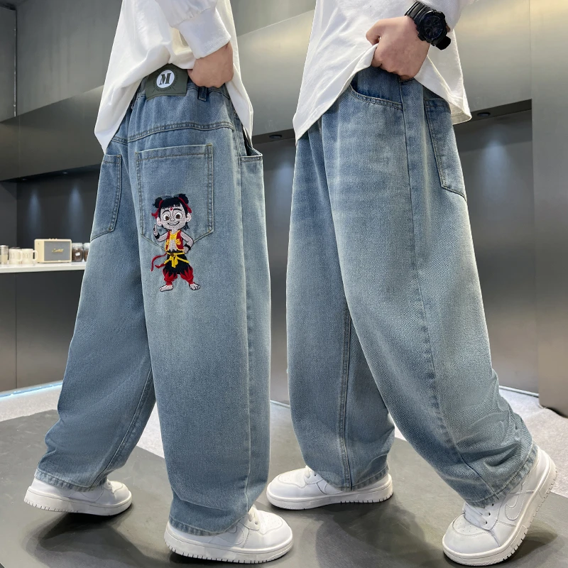 男童牛仔裤直筒春秋儿童裤子洋气中大童秋季阔腿裤男孩小哪吒长裤