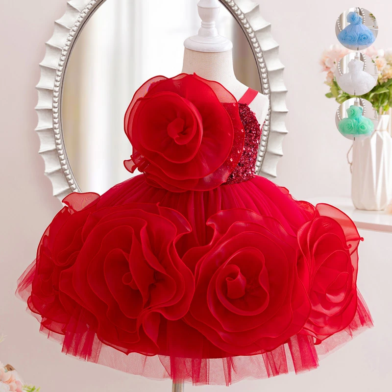 宝宝周岁小童礼服红色亮片公主裙蓬蓬连衣裙女童生日派对主持人