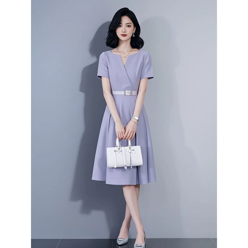 小众设计温柔风长裙高级感端庄大气紫色短袖连衣裙女装2024新款夏