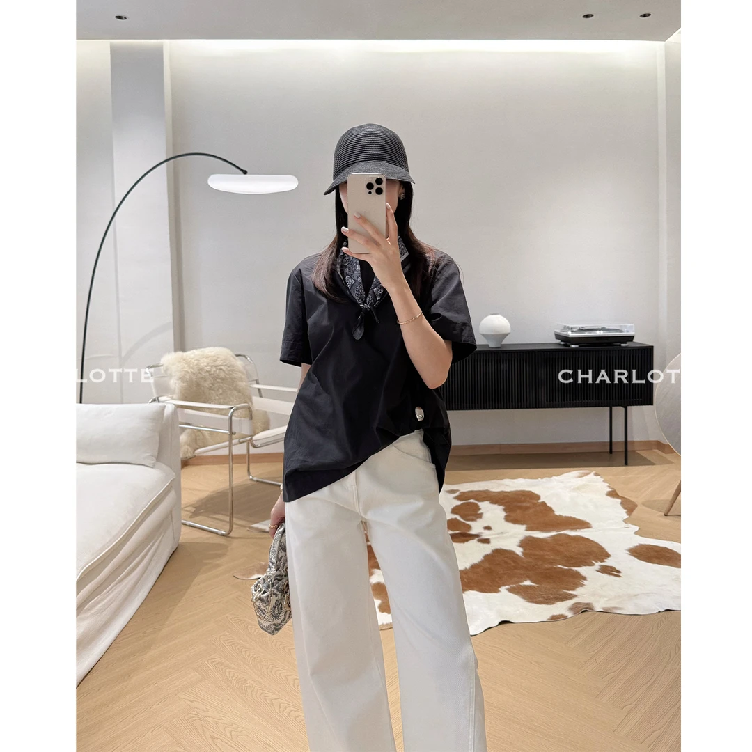 CHARLOTTE CHIOU廓形韵律 品质天丝棉立体抽褶设计廓形短袖上衣