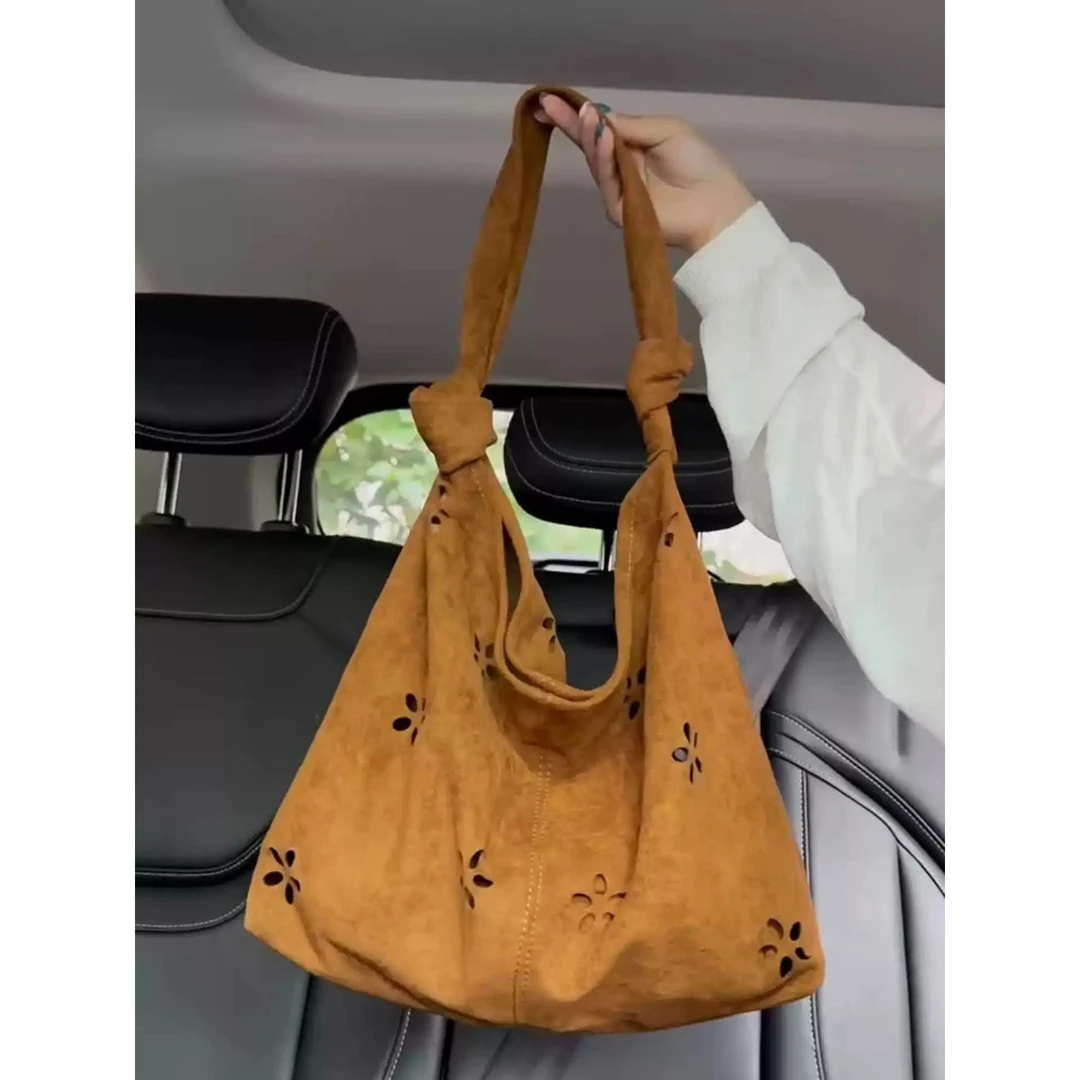 韩系慵懒风腋下包女2025新款蕾丝雕花麂皮绒面单肩包大容量托特包