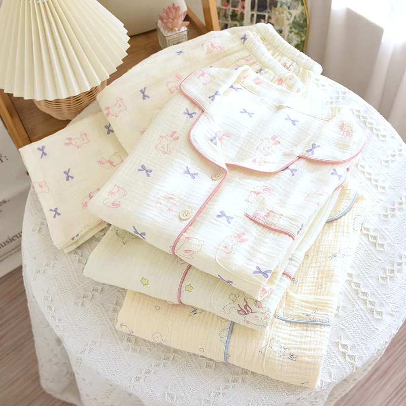 【100全棉西装领】纯棉双层纱布睡衣套装女春秋长袖长裤薄款家居服1