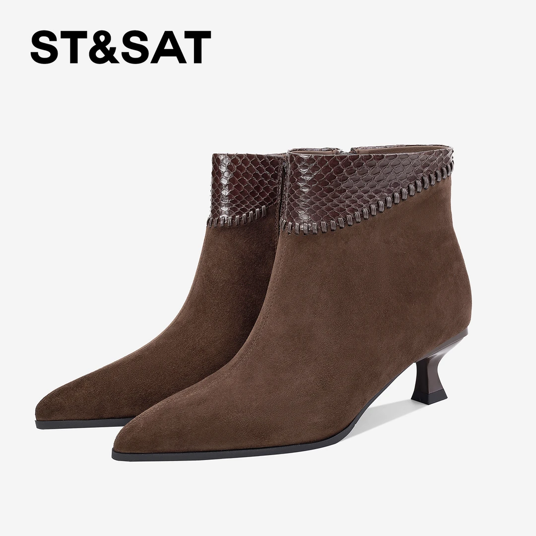 St&Sat/星期六复古尖头细跟女显瘦时装靴秋冬气质百搭水钻短靴