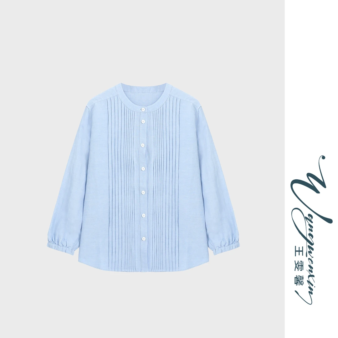 【王雯馨】“与天成诗”风琴褶丝麻混纺夏季新款时尚休闲圆领女上衣