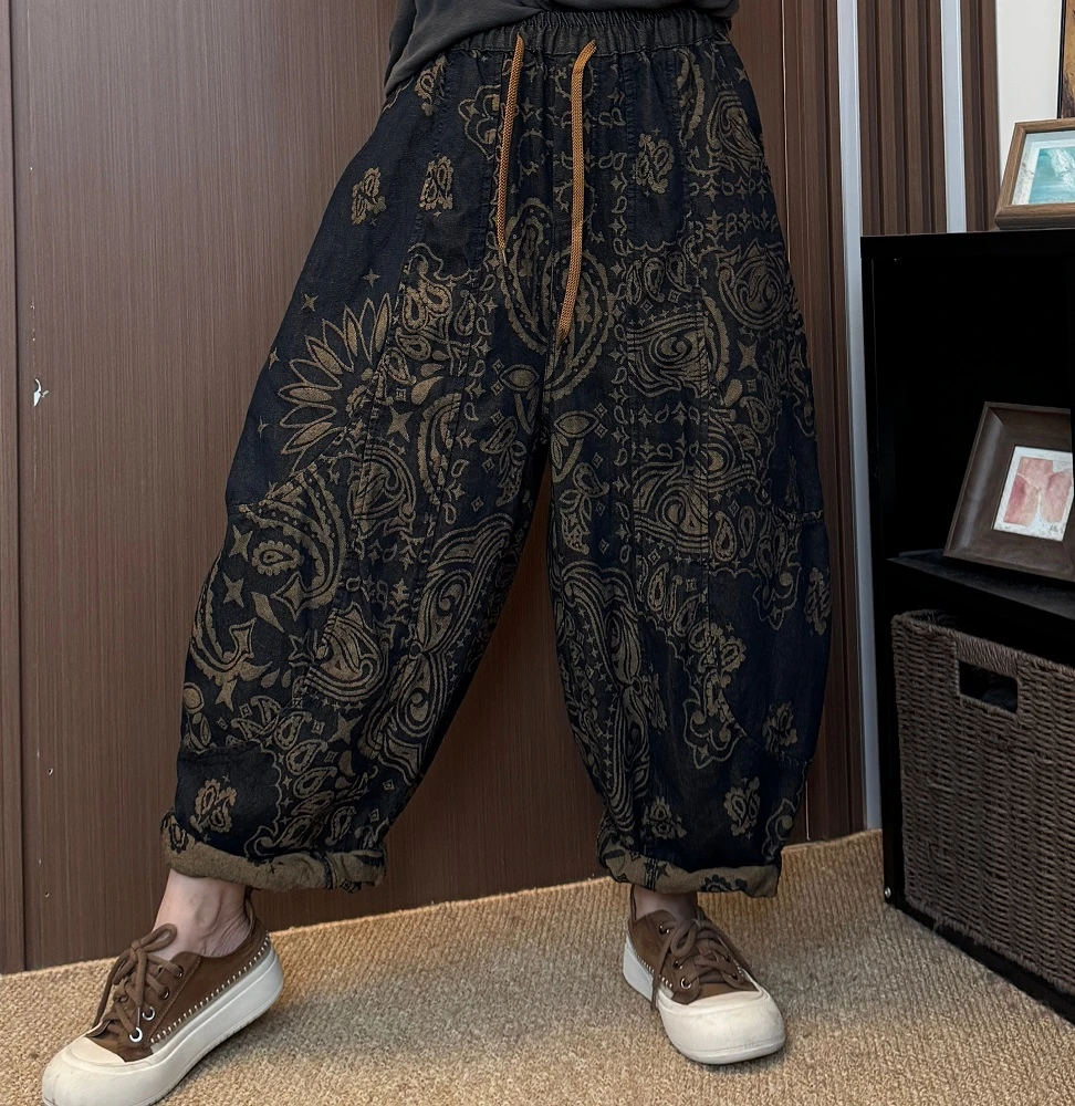 C3260四季款提花牛仔裤女碎花设计感抽绳松紧腰复古牛仔裤