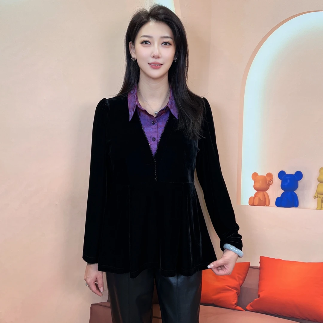 【宝藏衣橱上新】秋新款衬紫色衫领知性显瘦时尚黑色百搭气质上衣