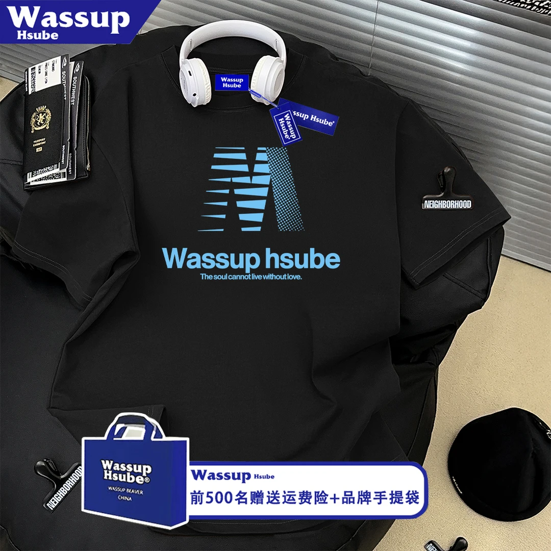 WASSUP HSUBE韩版简约字母印花纯棉短袖T恤男女oversize休闲上衣