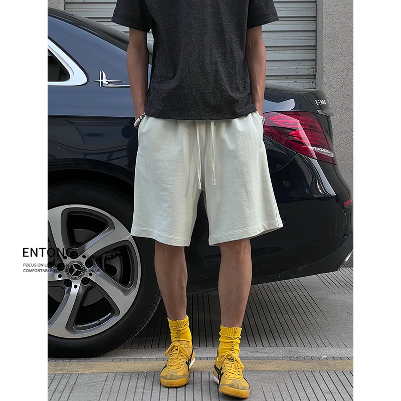 Entong美式重磅水洗松紧腰弹力宽松运动休闲短裤男生薄款中裤子潮