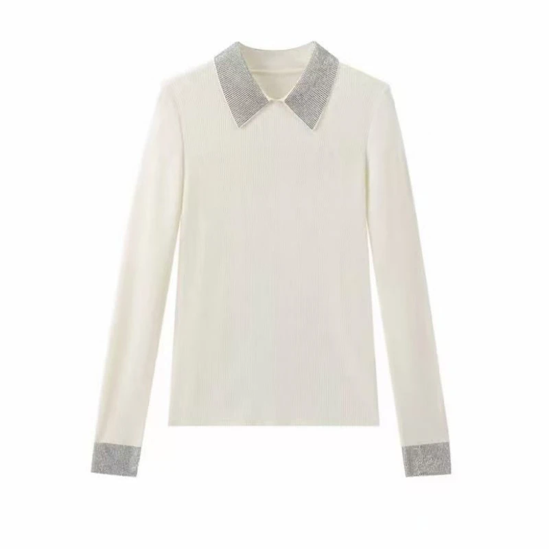 2025冬季翻领烫钻修身百搭纯色长袖毛针织衫LK2508216
