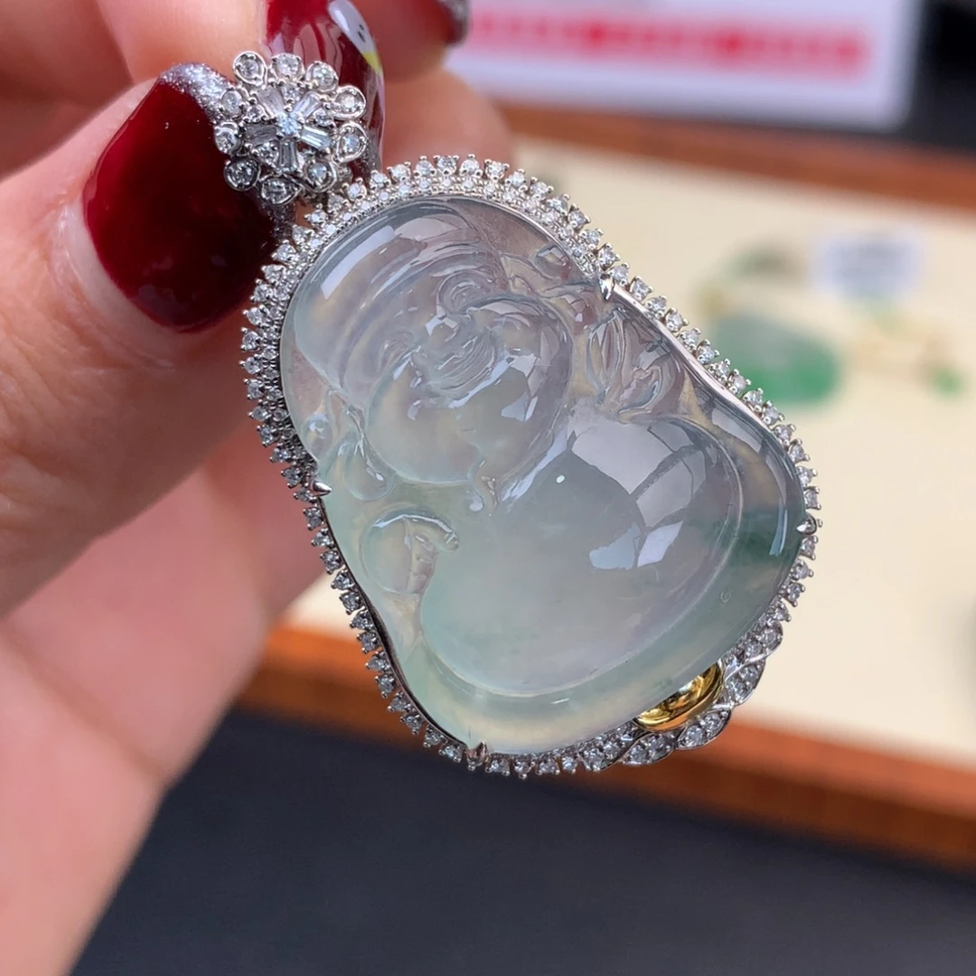 翡翠未镶嵌颈饰冰飘花起钢光财神爷推荐