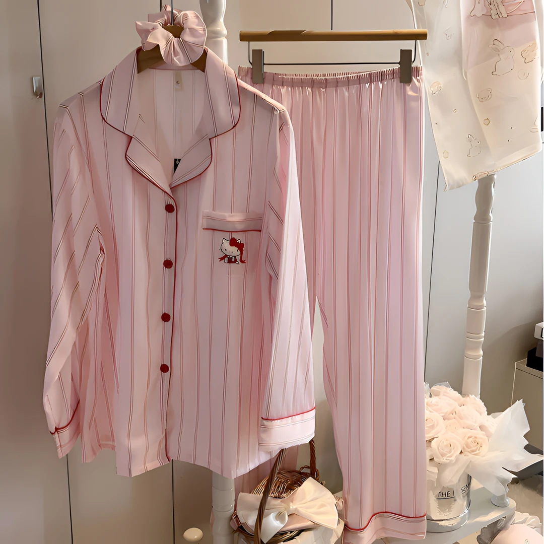 睡衣女粉色KT猫春秋季女士薄款冰丝长袖长裤居家夏季睡衣套装女