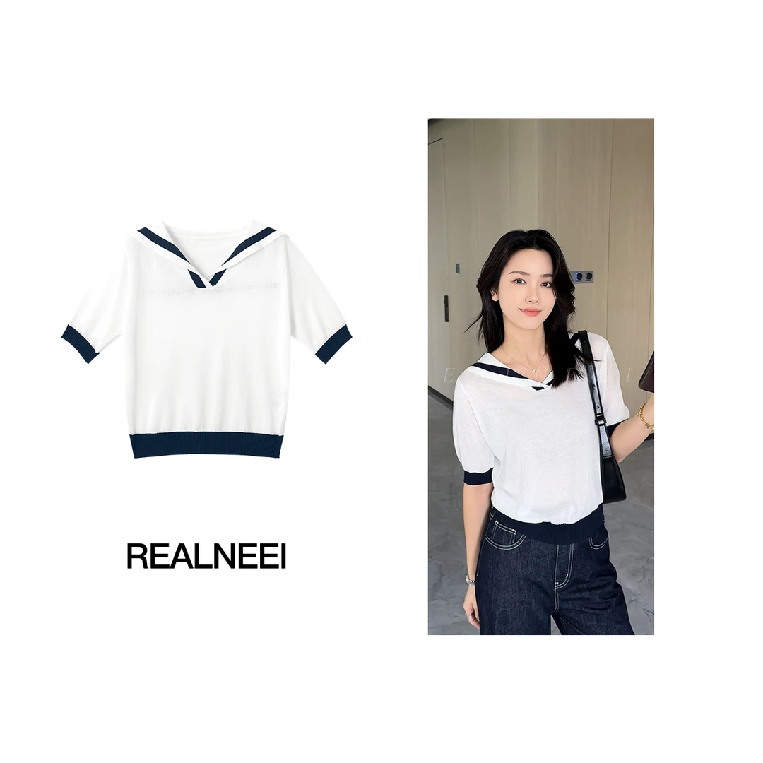 【海军领】25年夏季新品极简海军领撞色叠穿感针织短袖很轻薄22780