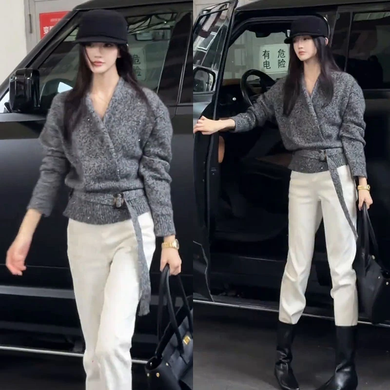 秋冬超火一整套女装2025新款V领绑定针织毛衣休闲百搭裤子两件套