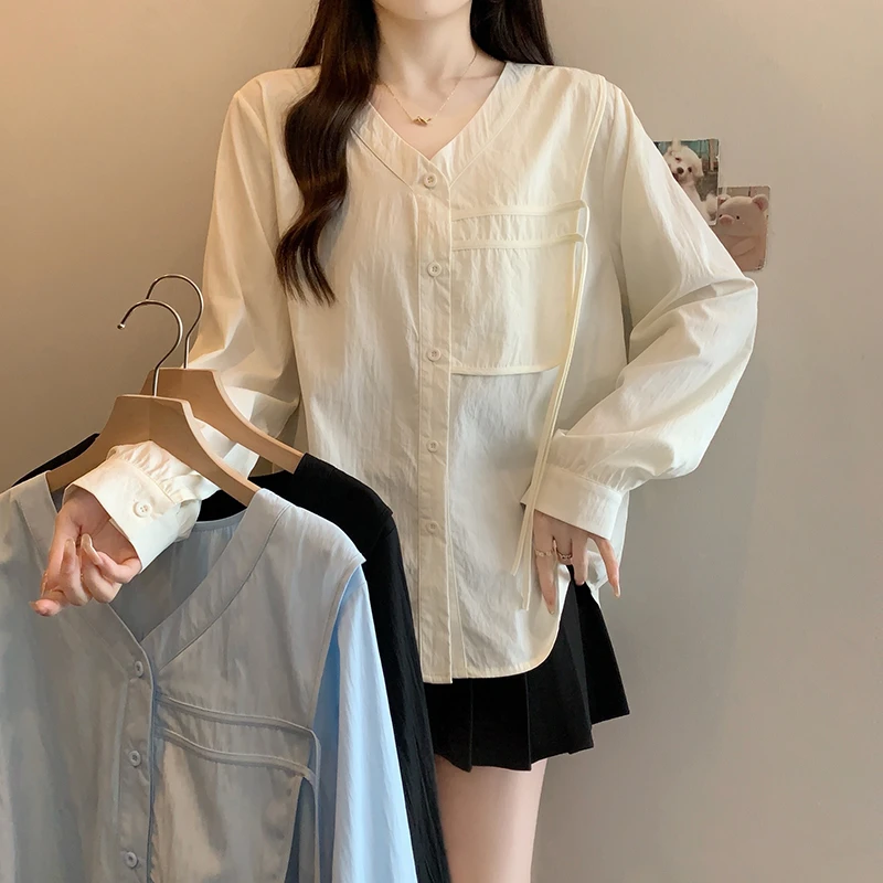 大码女装胖mm春季新款2025时尚飘带显瘦衬衫不规则长袖遮肚子上衣