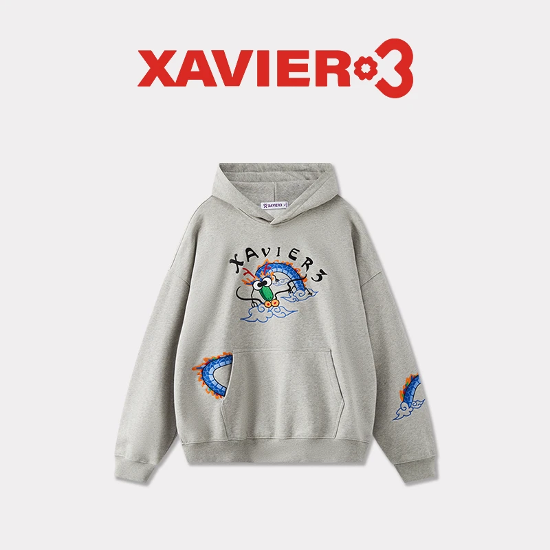 Xavier 3【龙年限定】 龙腾祥云刺绣 情侣连帽宽松加绒卫衣红套头衫