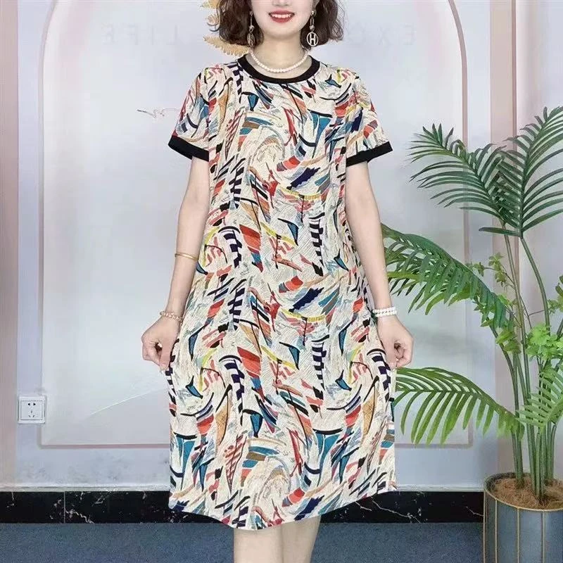 9698-时尚休闲连衣裙洋气夏季新款宽松遮肚短Z袖妈妈裙