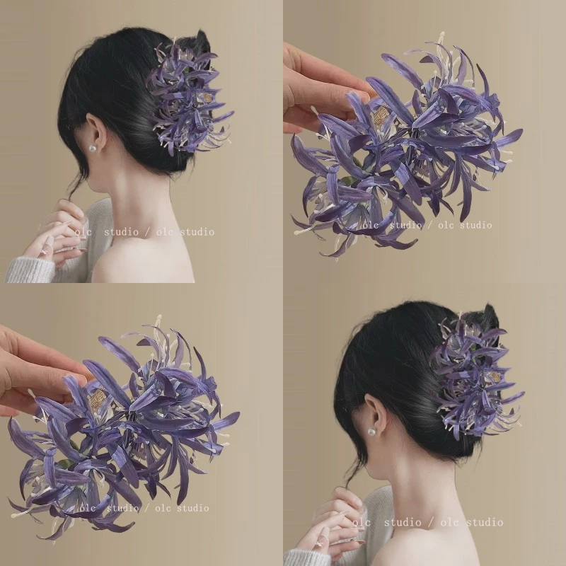 浅浅蔷薇紫！超仙彼岸花朵抓夹！后脑勺盘发夹高级感氛围感鲨鱼夹